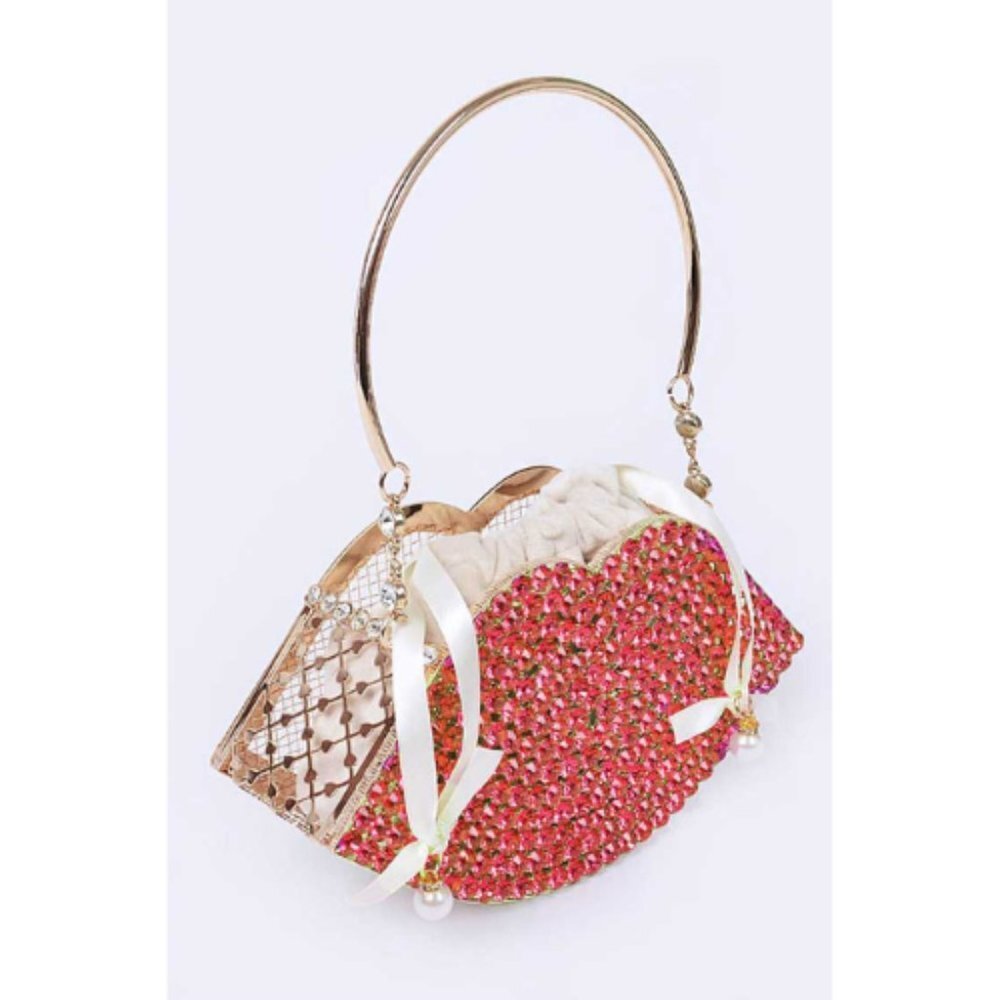 Crystal Lip Shape Top Handle Clutch - Red